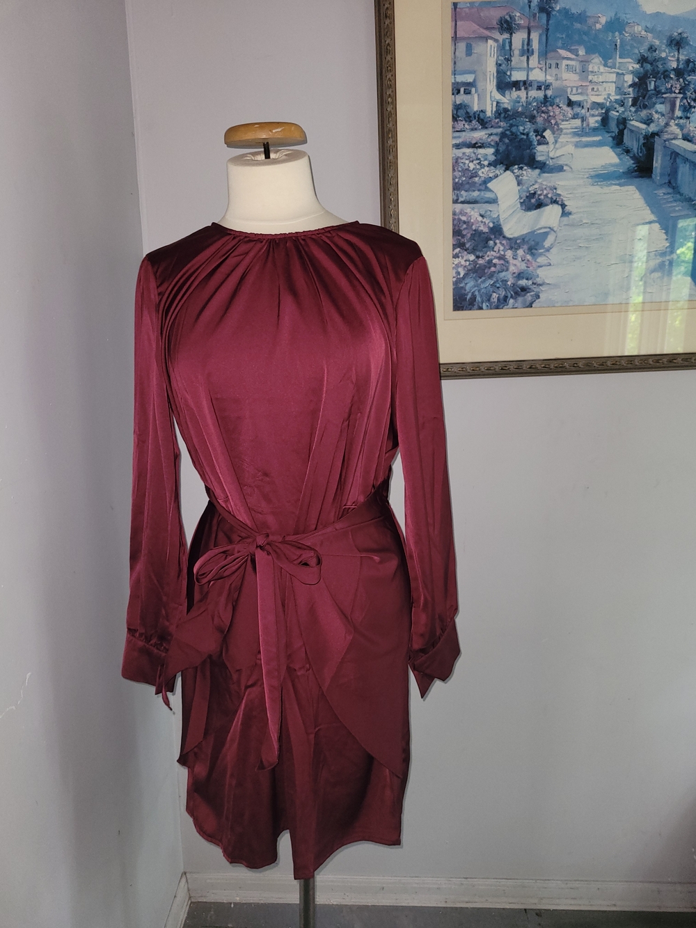 Long-Sleeve Burgundy Tie-Waist Dress